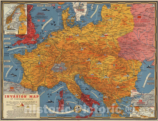 Historic Wall Map : Dated events invasion map of fortress Europe. Stanley turner, 1944 - Vintage Wall Art