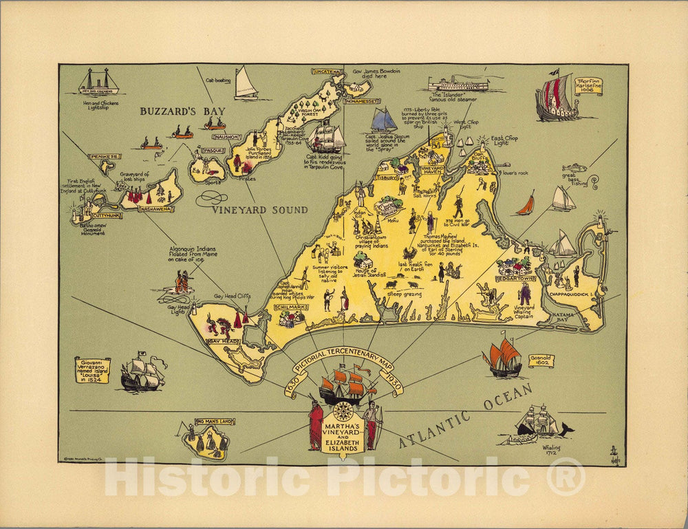 Historic Map - Pictorial Tercentenary Map 1630-1930. Martha's Vineyard and Elizabeth Islands - Vintage Wall Art