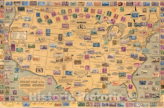 Historic Map - The Philatelic Institute's : Stamp map of the United States, 1951 - Vintage Wall Art