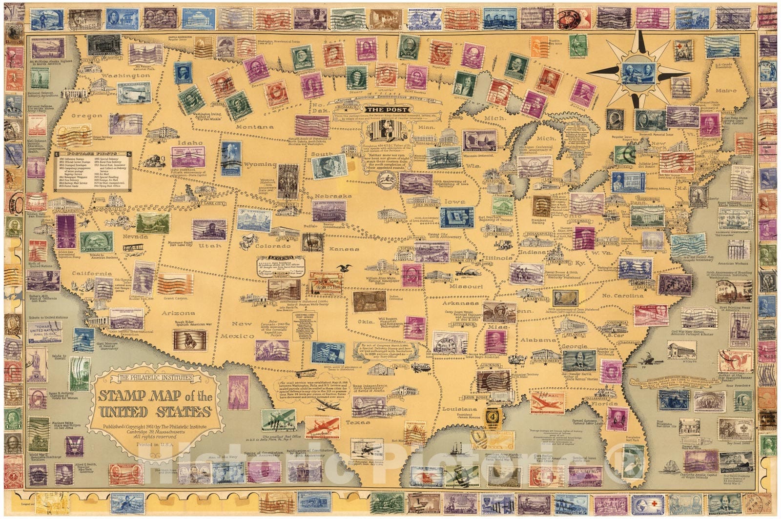 Historic Map - The Philatelic Institute's : Stamp map of the United States, 1951 - Vintage Wall Art