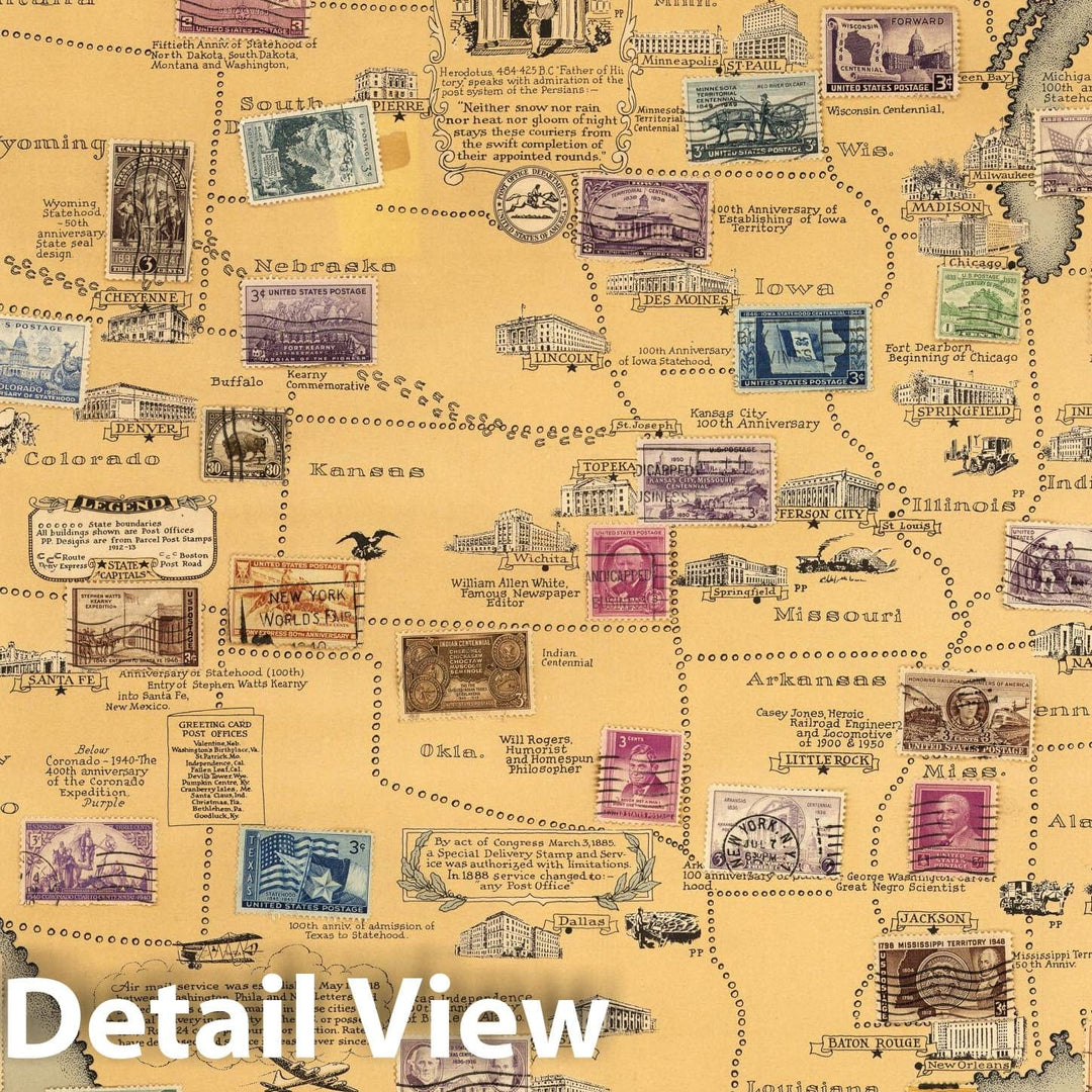 Historic Map - The Philatelic Institute's : Stamp map of the United States, 1951 - Vintage Wall Art