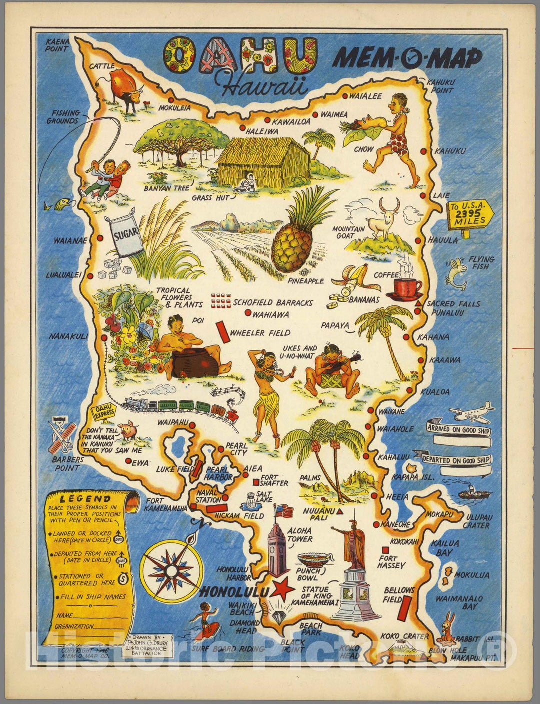 Historic Map : Hawaii, Oahu, Hawaii Mem-O-Map, 1946 , Vintage Wall Art