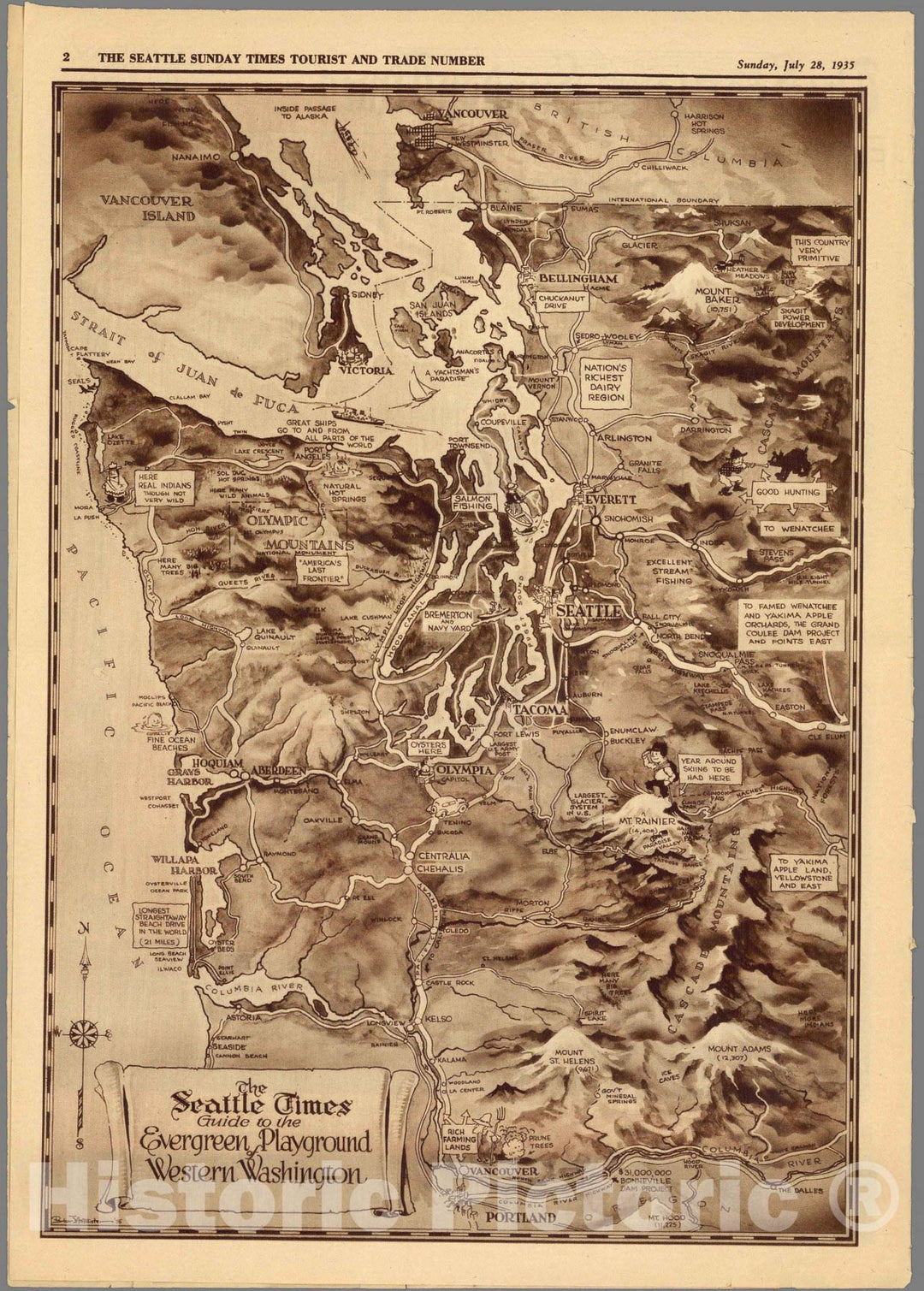 Historic Map - The Seattle Times : Guide to the evergreen playground of western Washington 1935 - Vintage Wall Art