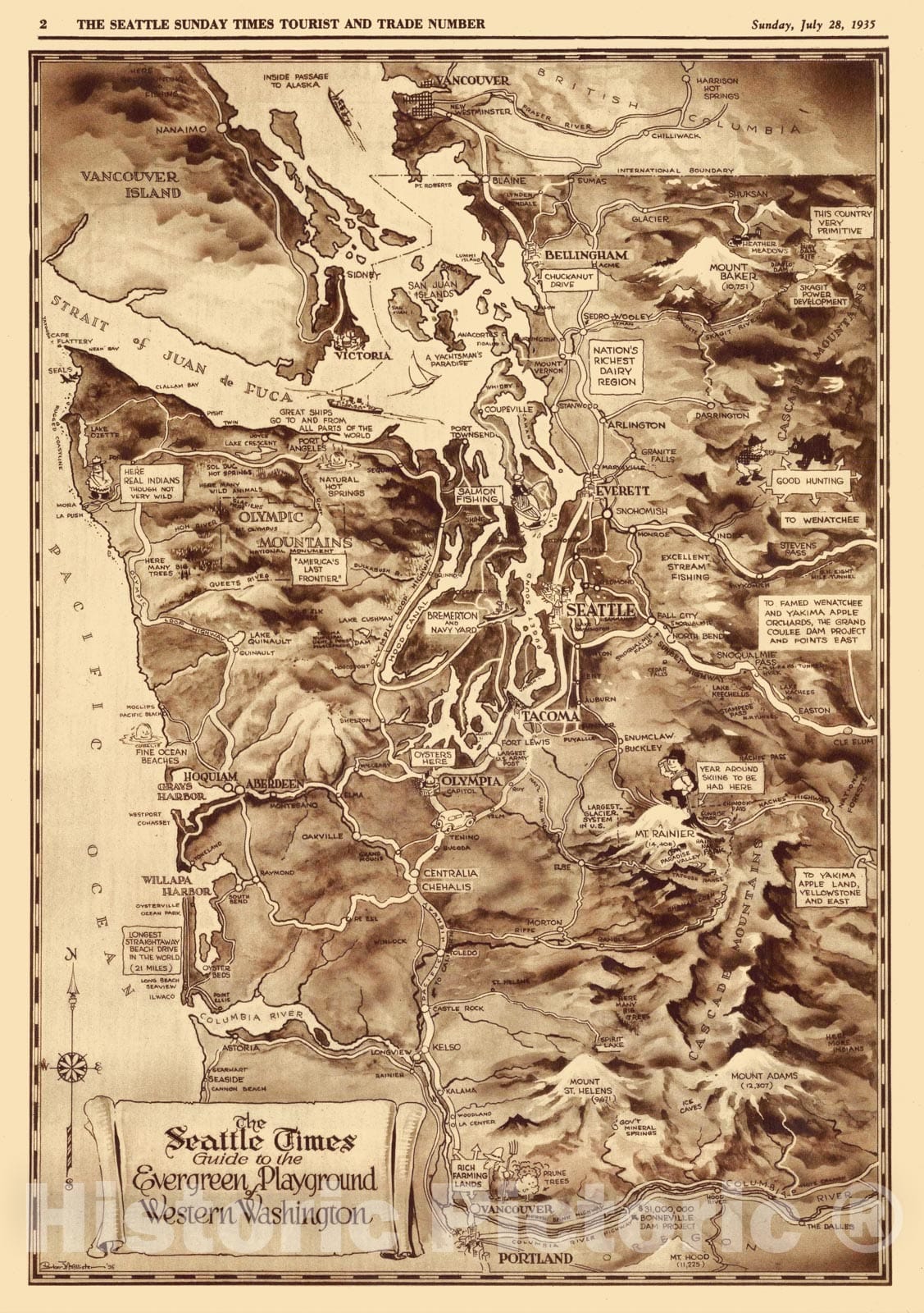 Historic Map - The Seattle Times : Guide to the evergreen playground of western Washington 1935 - Vintage Wall Art