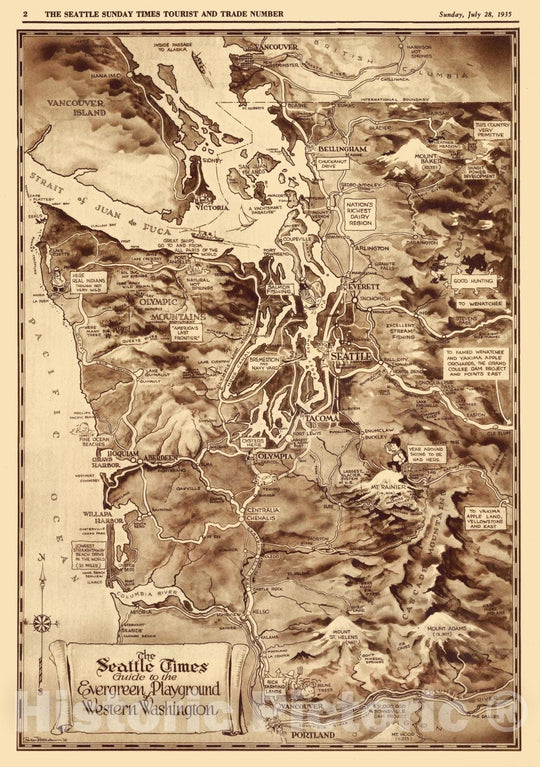 Historic Map - The Seattle Times : Guide to the evergreen playground of western Washington 1935 - Vintage Wall Art