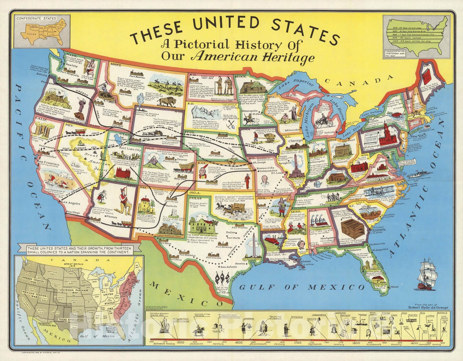 Historic Map : These United States : a pictorial history of our American heritage 1949 - Vintage Wall Art