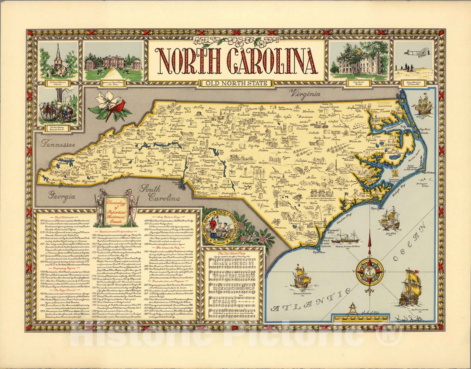 Historic Map : North Carolina : old north state 1958 - Vintage Wall Art