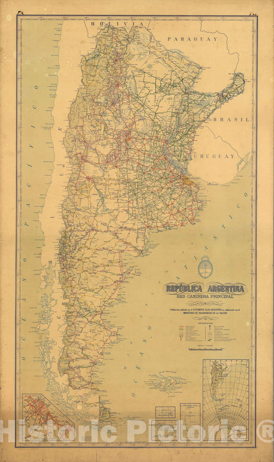 Historic Map : Argentina, Republica Argentina. Red caminera principal 1946 , Vintage Wall Art