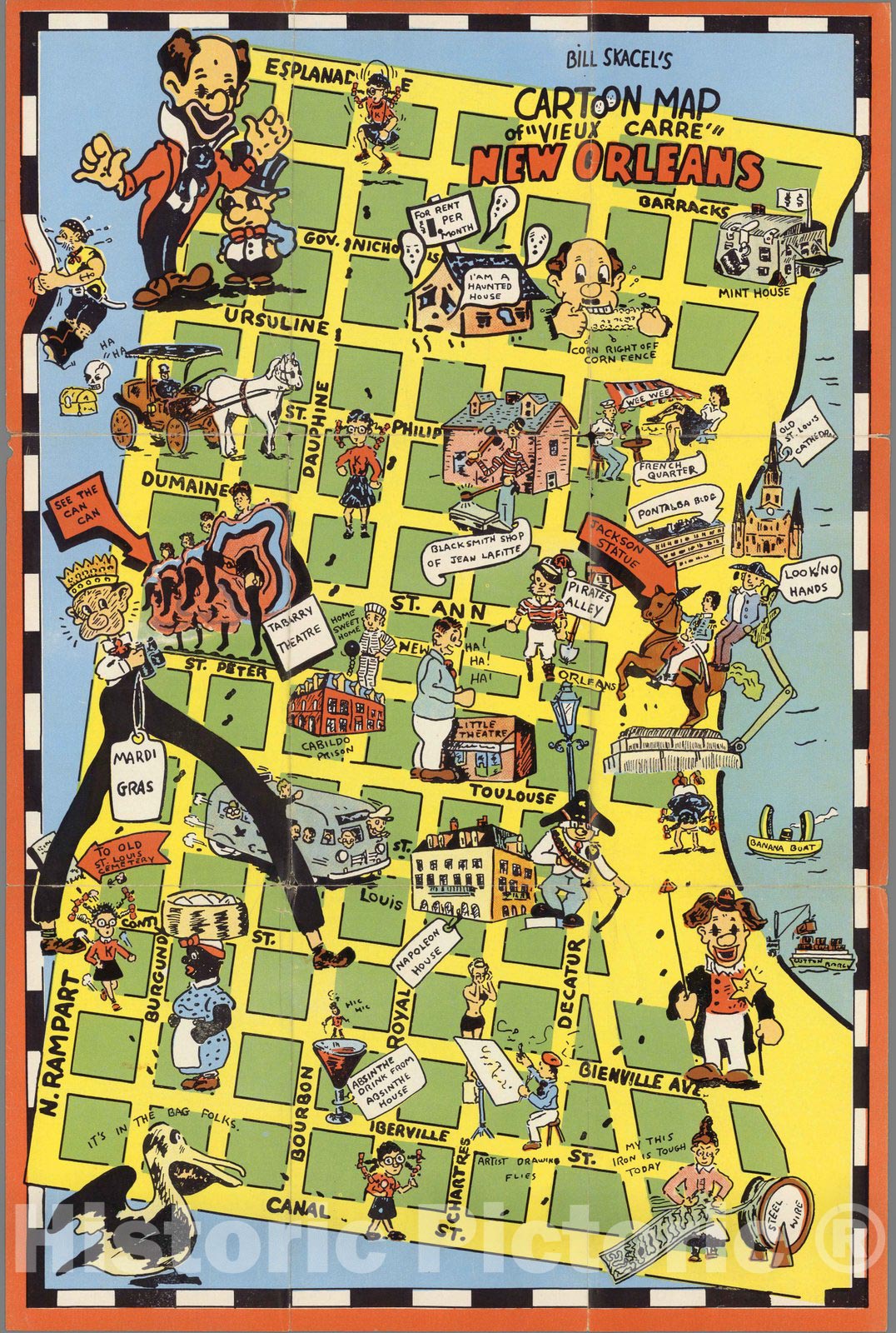 Historic Map : Bill Skacel's cartoon map of Vieux Carre New Orleans, 1946 - Vintage Wall Art