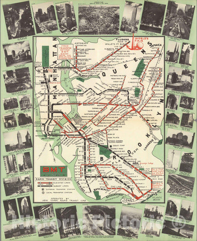 Historic Map : Pocket Map, BMT Rapid Transit Lines : Travel guide to World's Fair 1939 - Vintage Wall Art