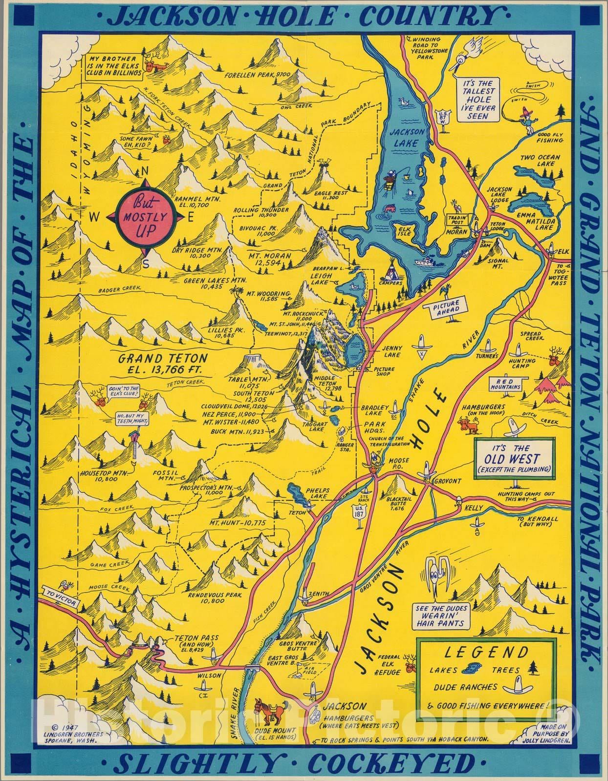 Historic Wall Map : A Hysterical Map of the Jackson Hole Country and Grand Teton National Park Slightly Cockeyed, 1947 - Vintage Wall Art