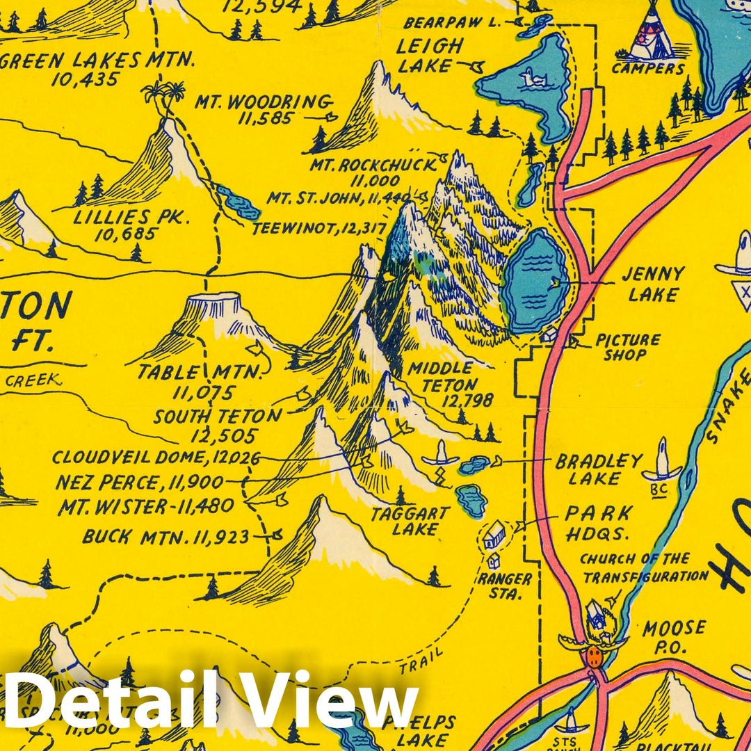 Historic Wall Map : A Hysterical Map of the Jackson Hole Country and Grand Teton National Park Slightly Cockeyed, 1947 - Vintage Wall Art