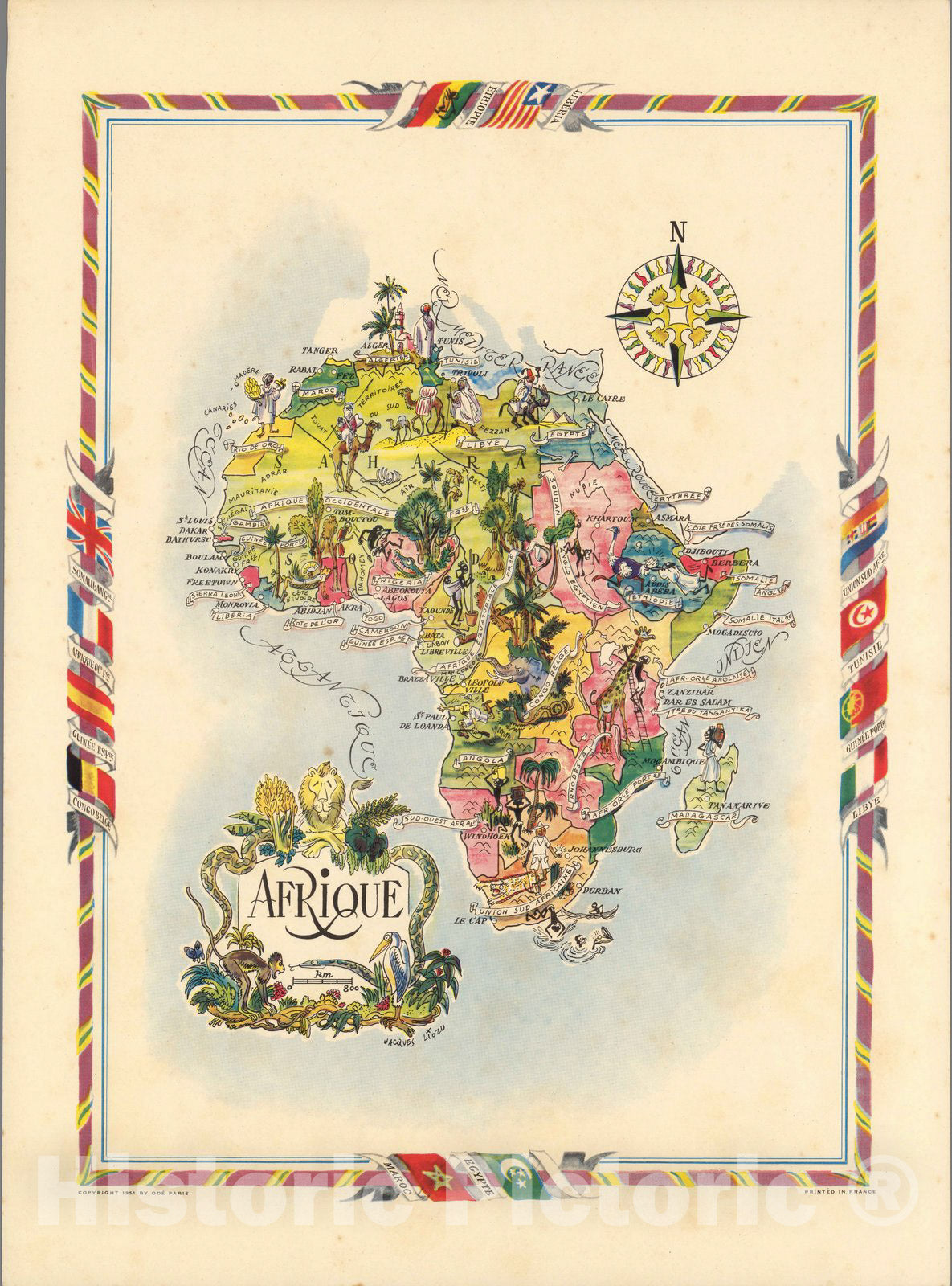 Historic Map : Afrique. Jaques Liozu. Copyright 1951 by Ode Paris. Printed in France. - Vintage Wall Art