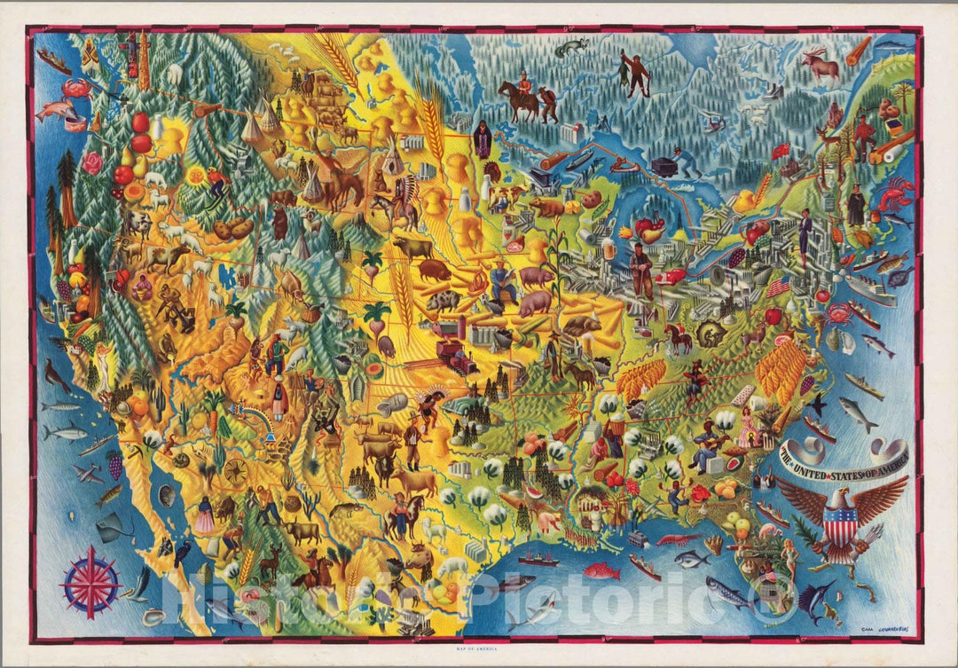 Historic Map : United States of America. Covarrubias. (C) A.A.A. Map of America, 1940 - Vintage Wall Art