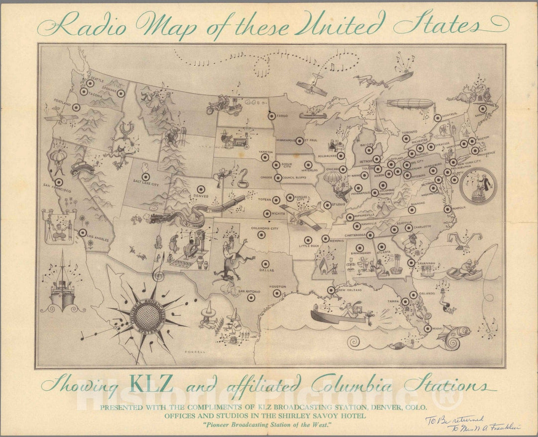 Historic Map : Radio map of these United States. Showing KLZ and affiliated Columbia stations, 1922 - Vintage Wall Art