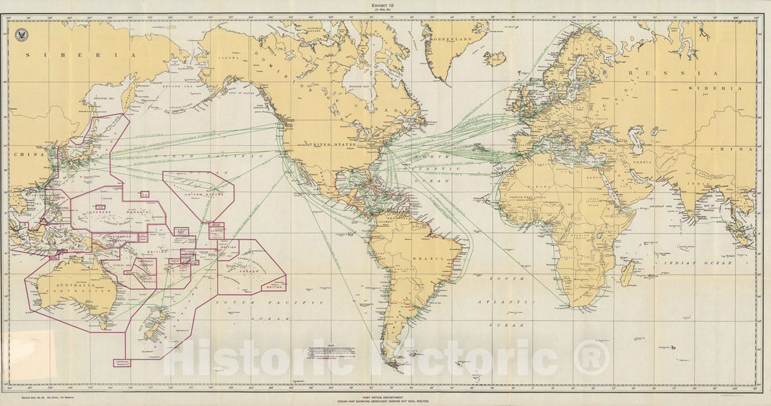 Historic Map : Post office Department : Ocean map showing Merchant Marine Act mail routes, 1936 - Vintage Wall Art