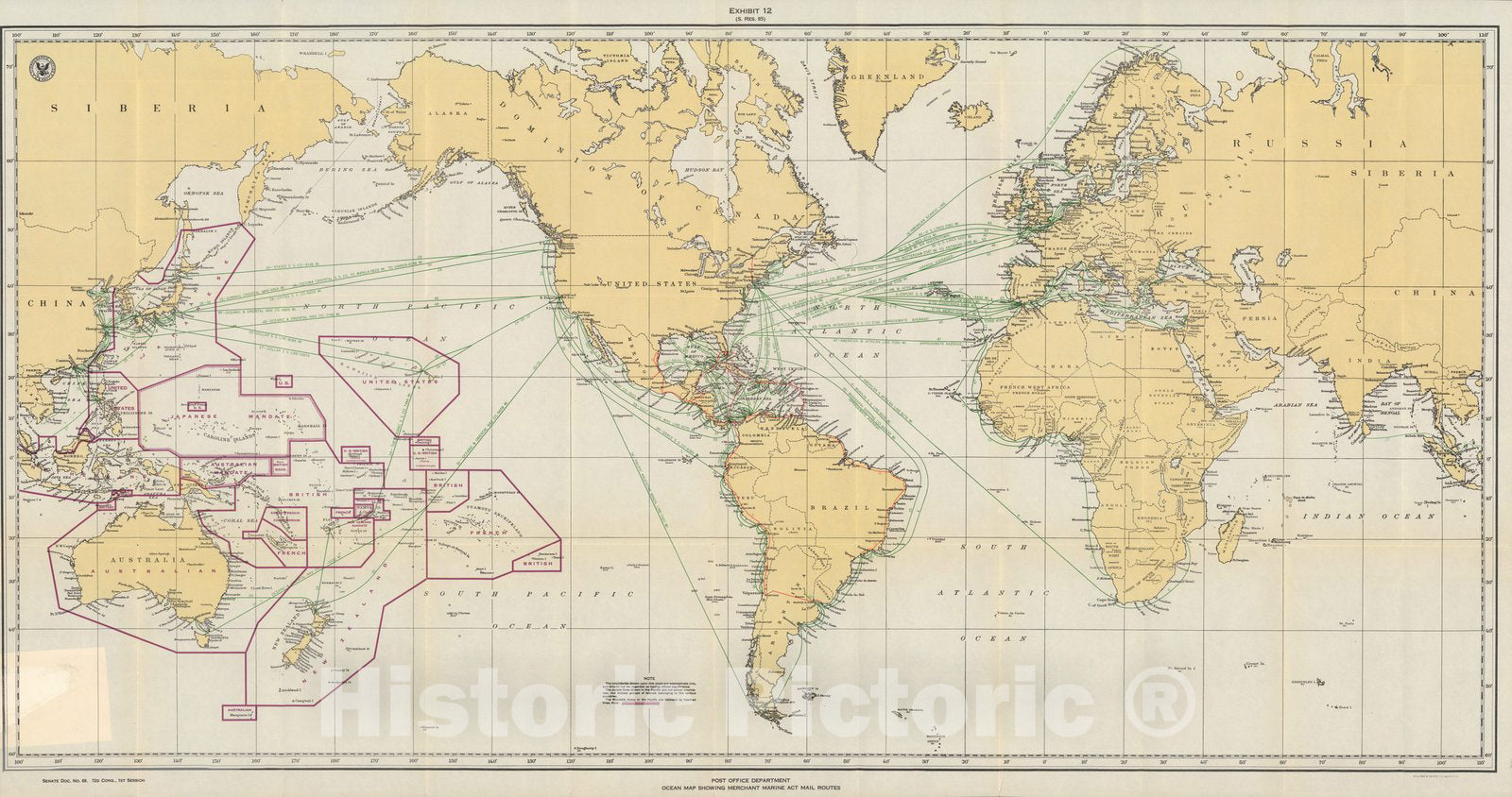 Historic Map : Post office Department : Ocean map showing Merchant Marine Act mail routes, 1936 - Vintage Wall Art