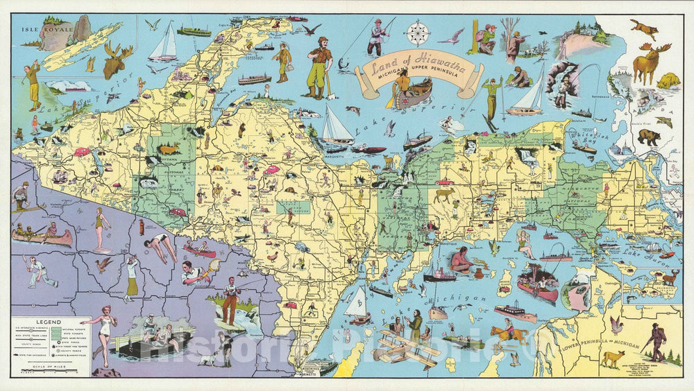 Historic Map - Land of Hiawatha, Michigan's Upper Peninsula 1935 - Vintage Wall Art