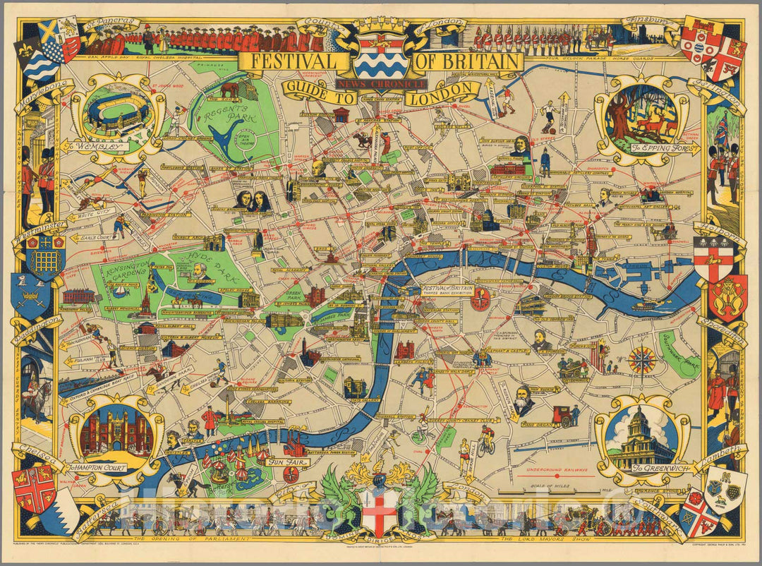 Historic Map : Festival of Britain : Guide to London. News Chronicle 1951 - Vintage Wall Art