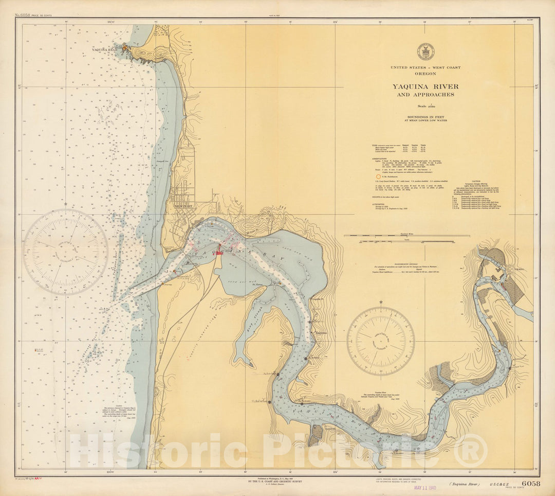 Historic Wall Map : Yaquina River. U.S.C. & G.S. 6058 1945 - Vintage Wall Art