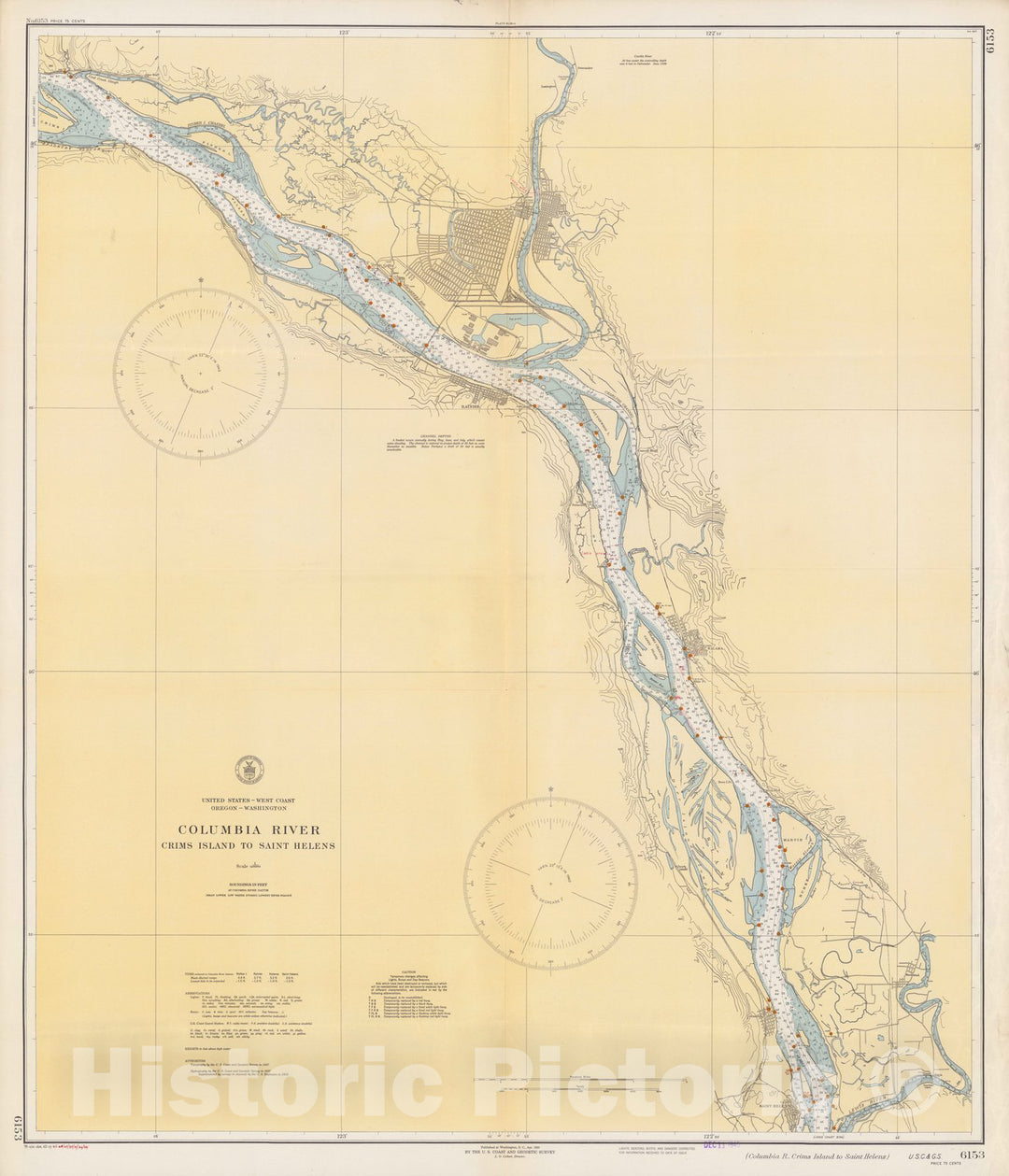 Historic Map : Oregon, Columbia River Columbia River, Crims Island to Saint Helens. U.S.C. & G.S. 6153 1945 , Vintage Wall Art