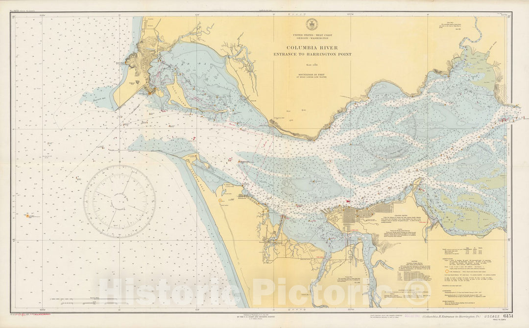 Historic Map : Columbia River Entrance to Harrington Point. U.S.C. & G.S. 6151 1945 - Vintage Wall Art