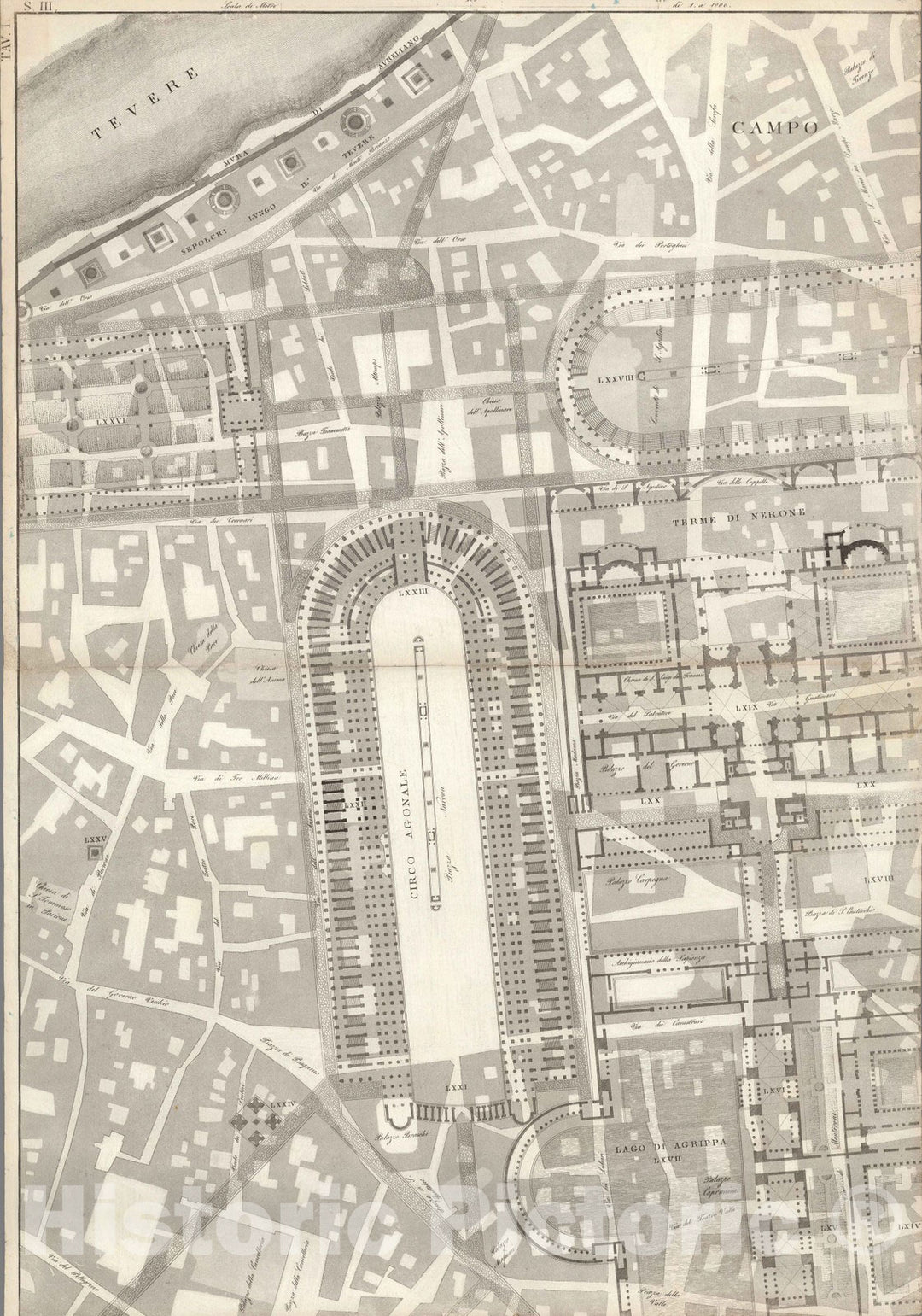 Historic Map : Italy , Rome (Italy), TAV I .A-B Pianta topografica della parte media di Roma antica 1847 , Vintage Wall Art