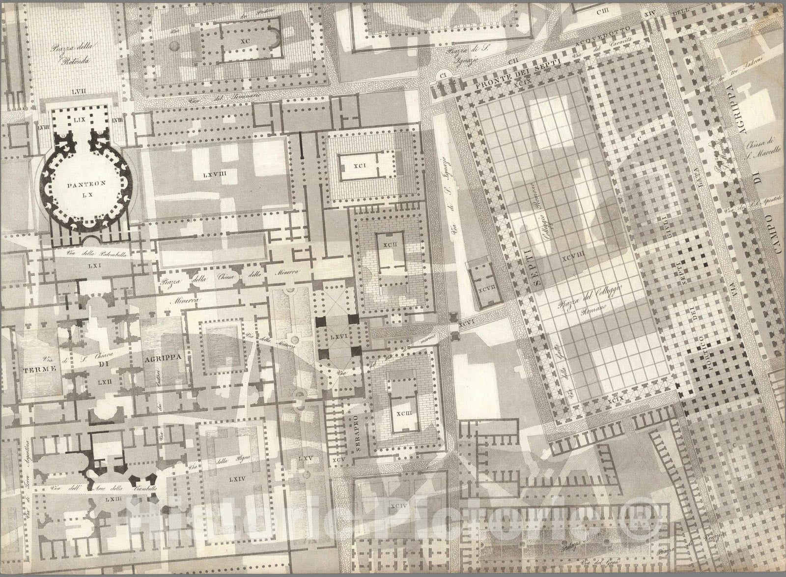 Historic Map : Italy , Rome (Italy), TAV II .B Pianta topografica della parte media di Roma antica 1847 , Vintage Wall Art