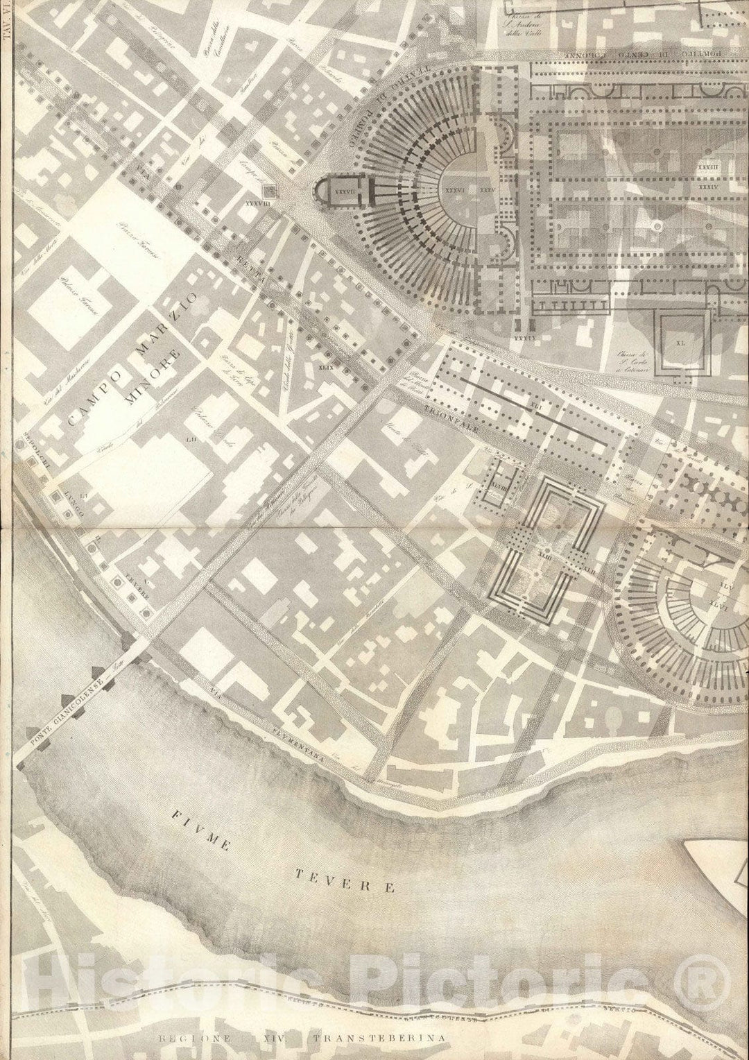 Historic Map : Italy , Rome (Italy), TAV VI .A-B Pianta topografica della parte media di Roma antica 1847 , Vintage Wall Art