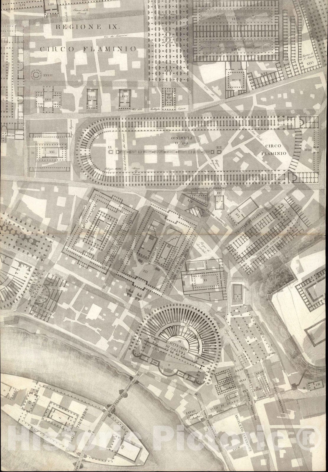 Historic Map : Italy , Rome (Italy), TAV VII .A-B Pianta topografica della parte media di Roma antica 1847 , Vintage Wall Art