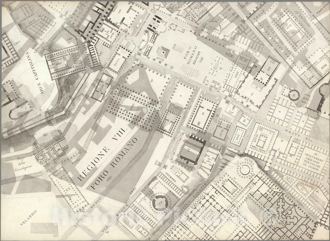 Historic Map : Italy , Rome (Italy), TAV VIII .B Pianta topografica della parte media di Roma antica 1847 , Vintage Wall Art