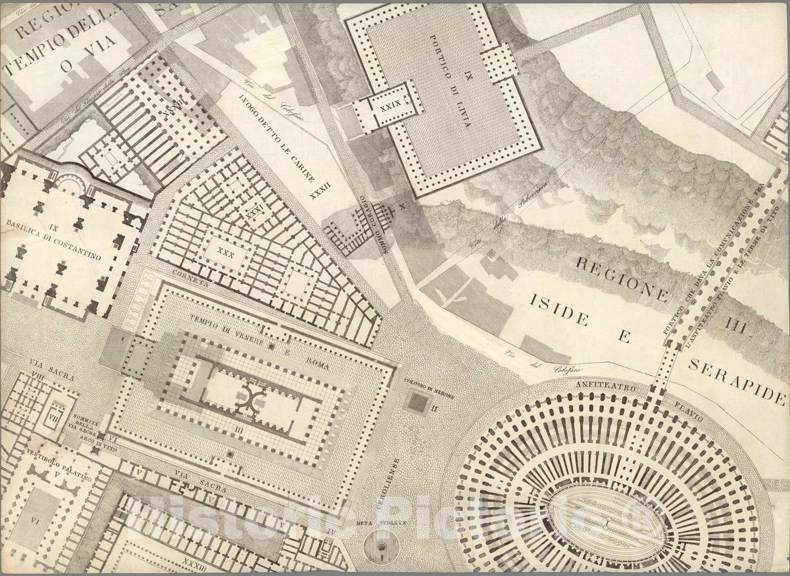 Historic Map : Italy , Rome (Italy), TAV IX .B Pianta topografica della parte media di Roma antica 1847 , Vintage Wall Art