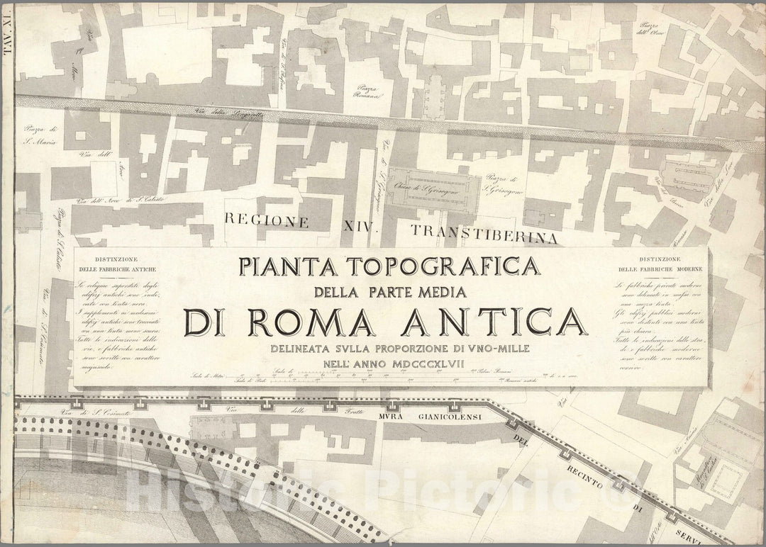 Historic Map : Italy , Rome (Italy), TAV XI .A Pianta topografica della parte media di Roma antica 1847 , Vintage Wall Art