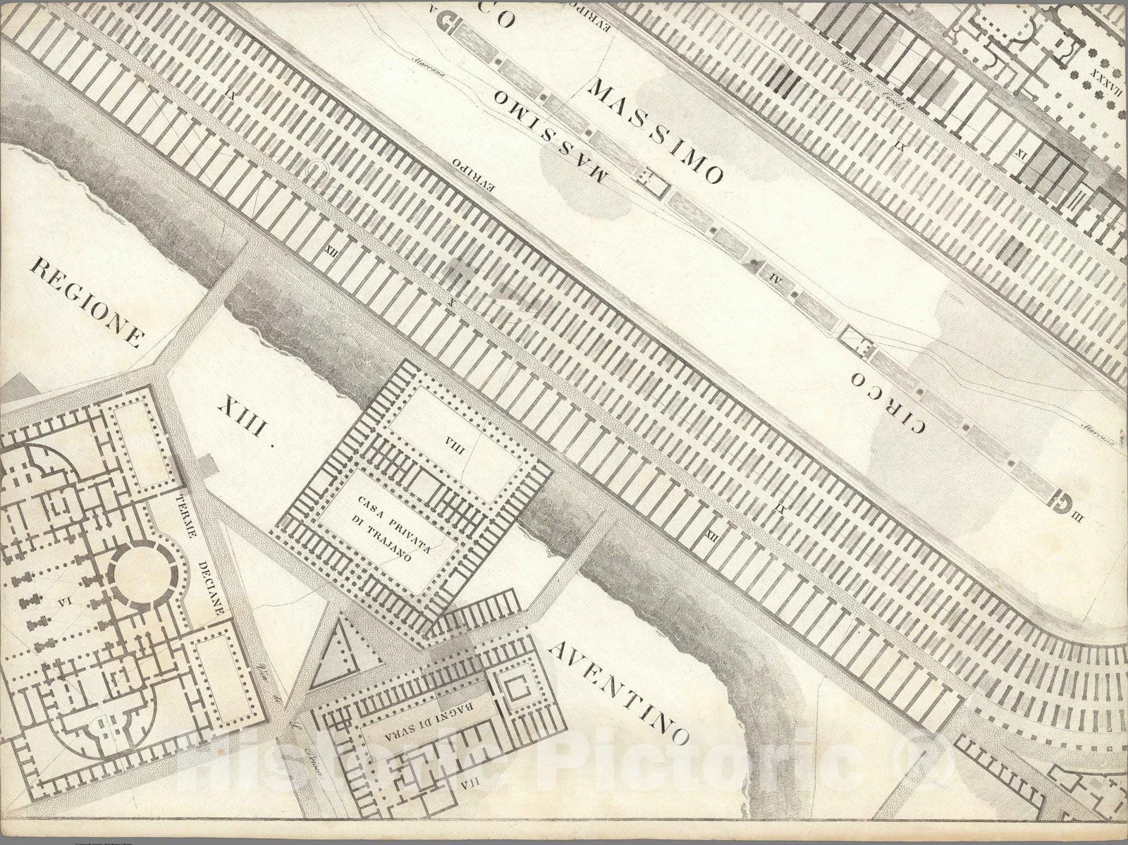 Historic Map : Italy , Rome (Italy), TAV XIII .B Pianta topografica della parte media di Roma antica 1847 , Vintage Wall Art