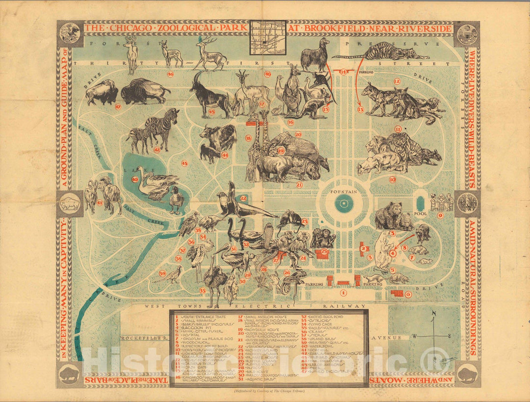 Historic Map : The Chicago Zoological Park : at Brookfield near Riverside 1950 - Vintage Wall Art