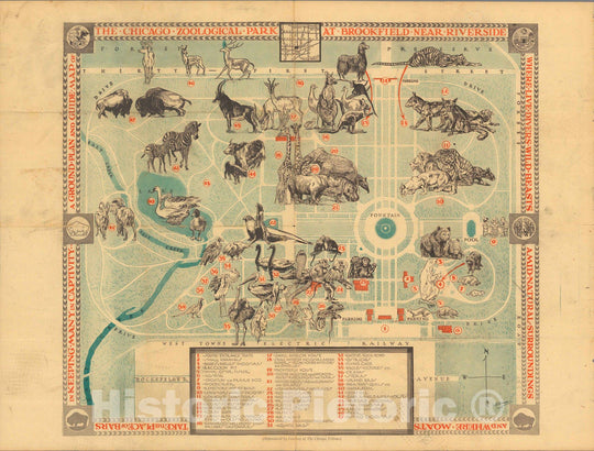 Historic Map : The Chicago Zoological Park : at Brookfield near Riverside 1950 - Vintage Wall Art