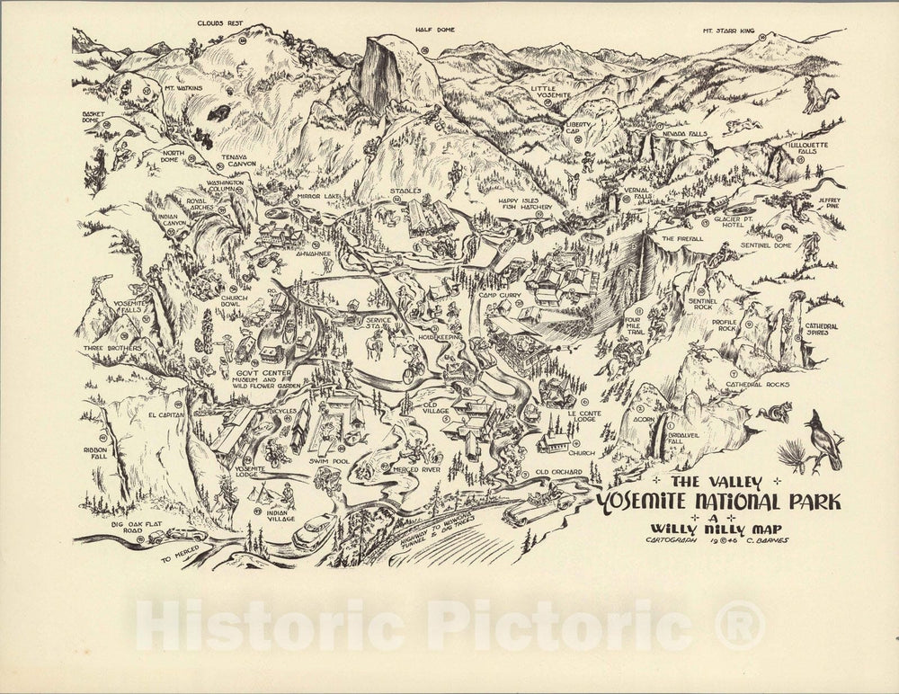 Historic Map - The Valley, Yosemite National Park 1946 - Vintage Wall Art