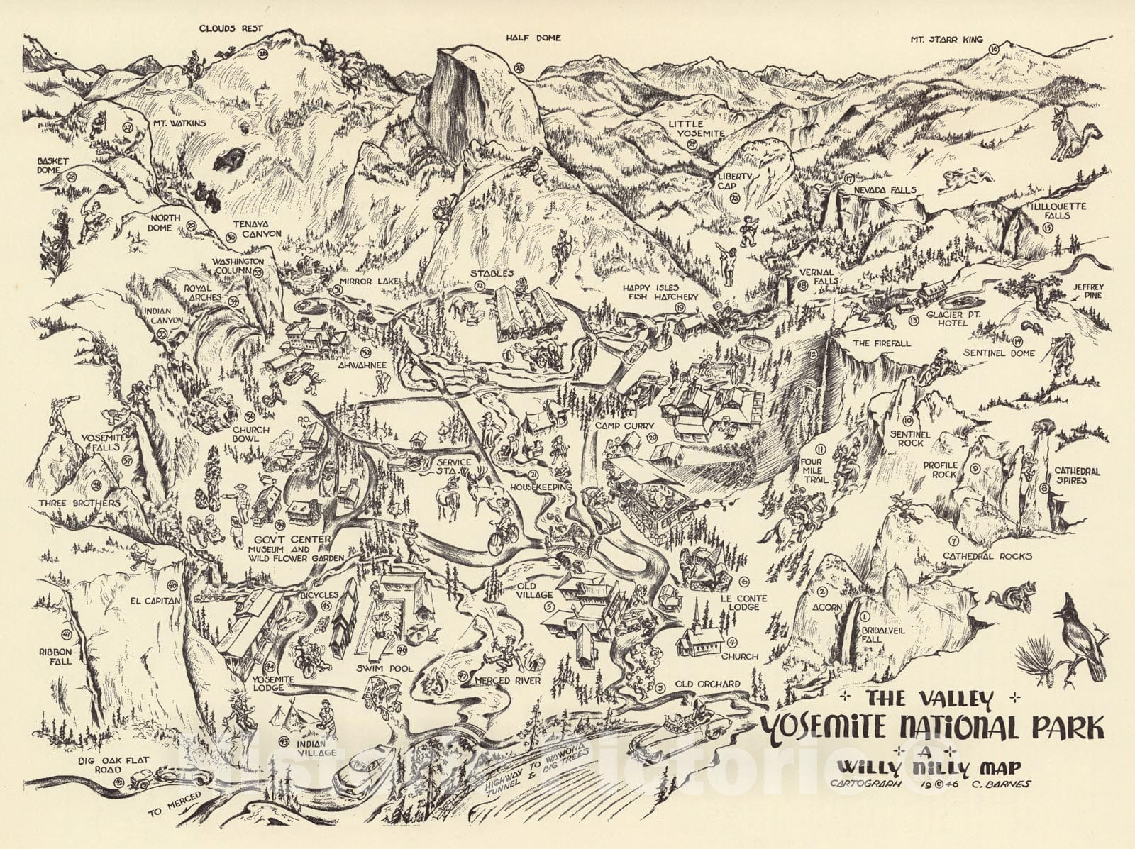 Historic Map - The Valley, Yosemite National Park 1946 - Vintage Wall Art