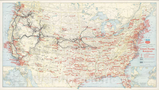 Historic Map : Geographically correct map of the United States, issued by Union Pacific Railroad, 1942 - Vintage Wall Art