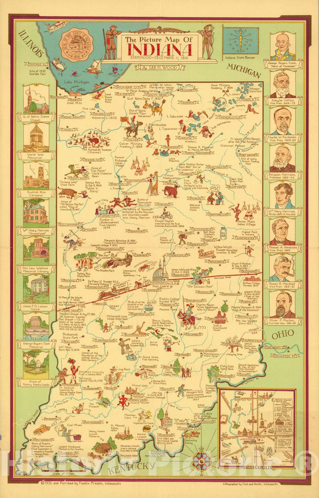 Historic Map : A picture map of Indiana, 1932 - Vintage Wall Art