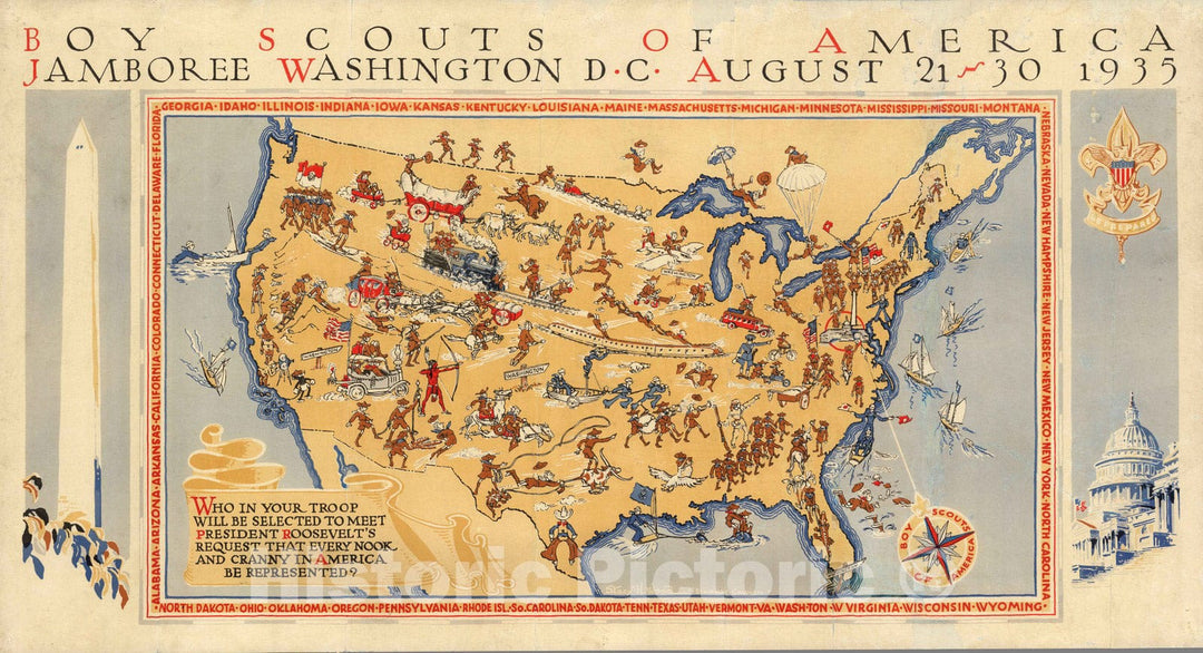 Historic Map - Boy Scouts of America Jamboree Washington D.C. August 21-30 1935, 1935, Stacy H. Wood - Vintage Wall Art