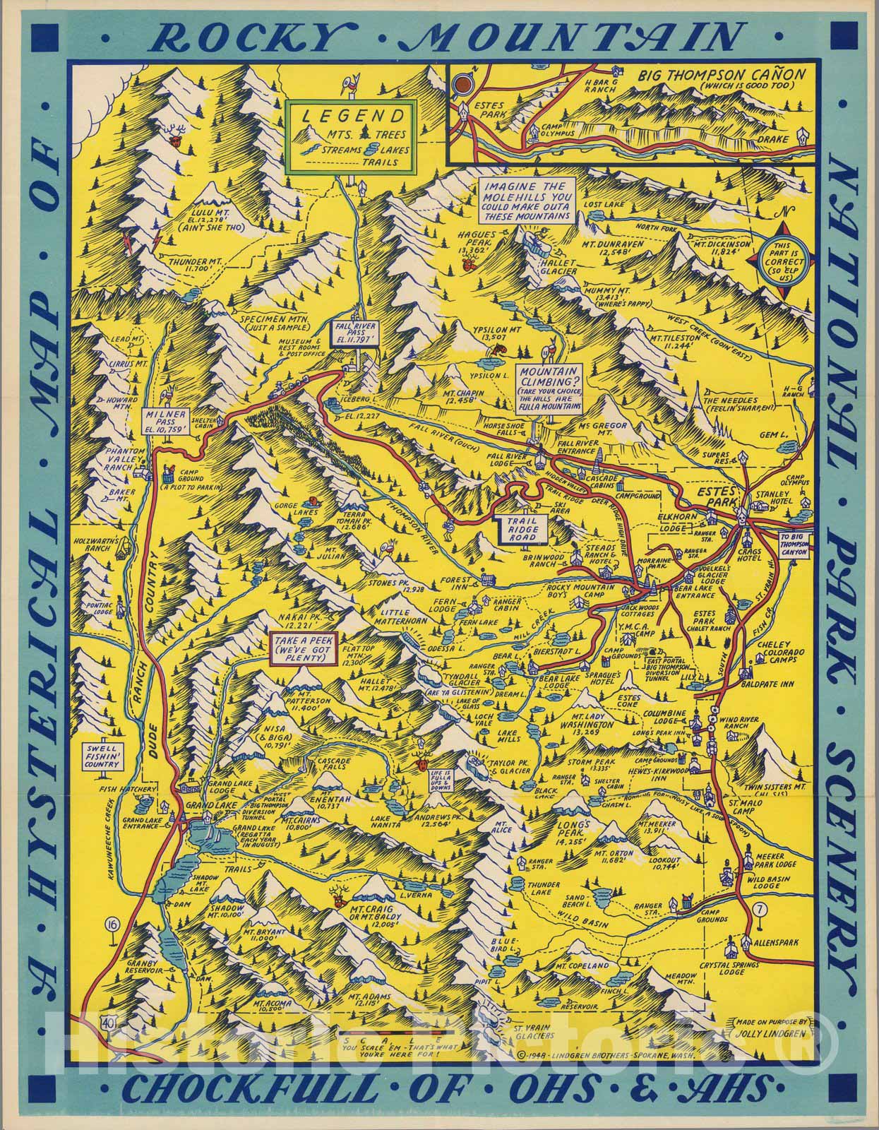 Historic Map : Hysterical Map of Rocky Mountain National Park Scenery, Chockfull of Ohs & Ahs, 1948 - Vintage Wall Art