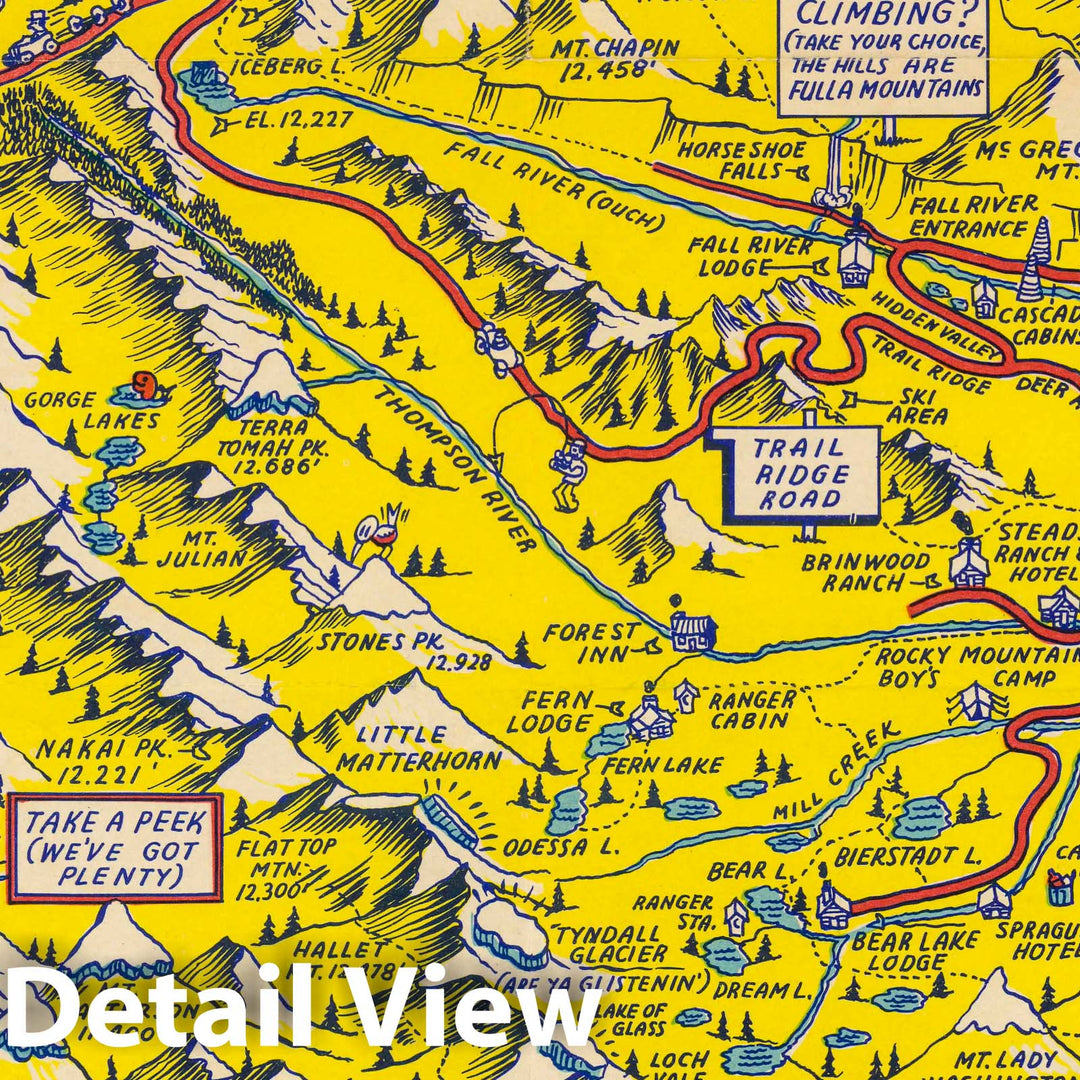 Historic Map : Hysterical Map of Rocky Mountain National Park Scenery, Chockfull of Ohs & Ahs, 1948 - Vintage Wall Art