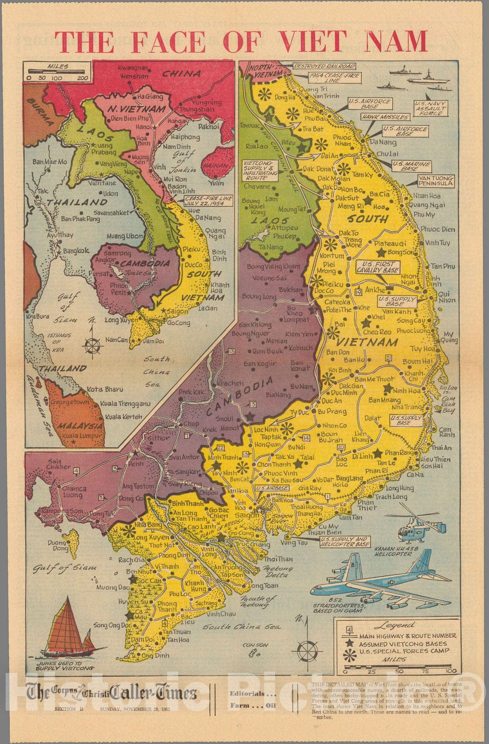 Historic Map - Newspaper Map, Face of Vietnam. 1965 - Vintage Wall Art