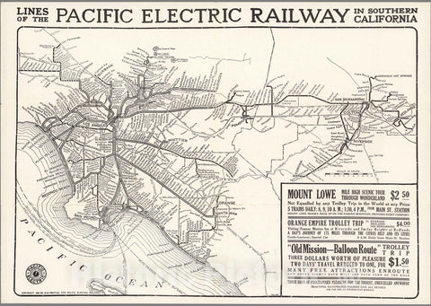 Historic Map : Lines of the Pacific Electric Railway In Southern California, 1912, D.W. Pontius, Vintage Wall Art