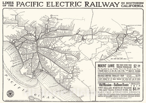 Historic Map : Lines of the Pacific Electric Railway In Southern California, 1912, D.W. Pontius, Vintage Wall Art