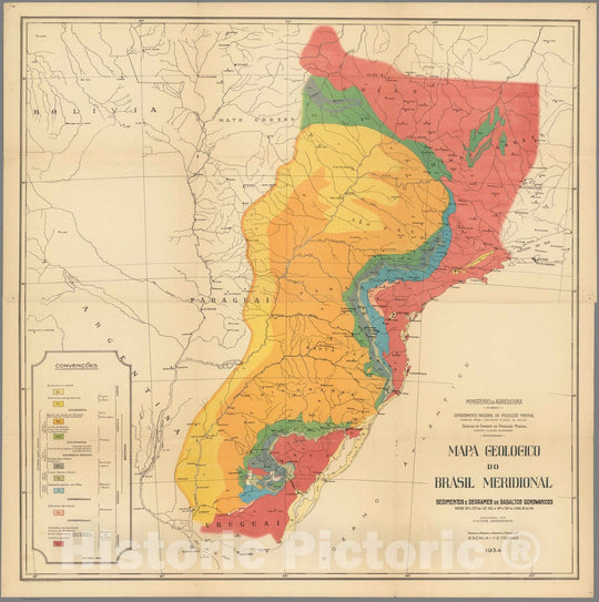 Historic Map : Brazil, Composite Map: Mapa Geologico do Brasil Meridional, 1934 , Vintage Wall Art