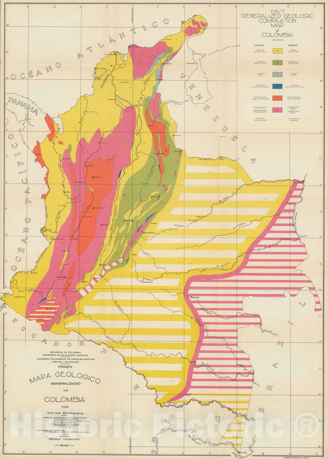 Historic Map - First Generalized Geologic Compilation Map of Colombia, 1943, - Vintage Wall Art