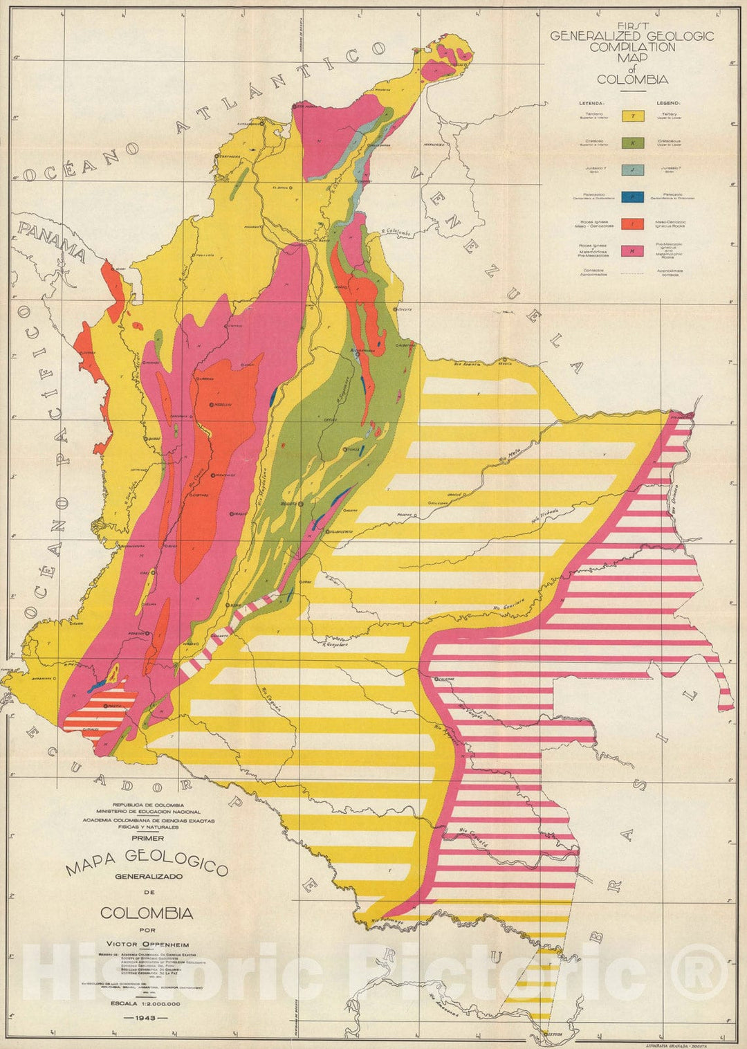 Historic Map - First Generalized Geologic Compilation Map of Colombia, 1943, - Vintage Wall Art