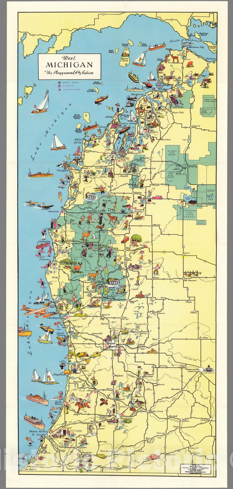 Historic Map - West Michigan, The Playground of the Nation. 1935 - Vintage Wall Art